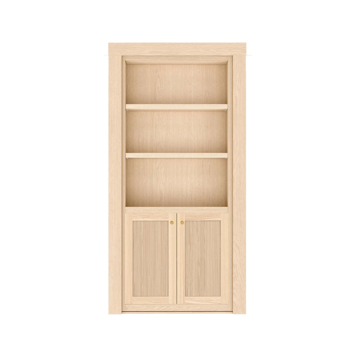 Murphy Door® light oak bookcase with three open shelves and dual cabinet doors with ribbed panels and brass knobs.