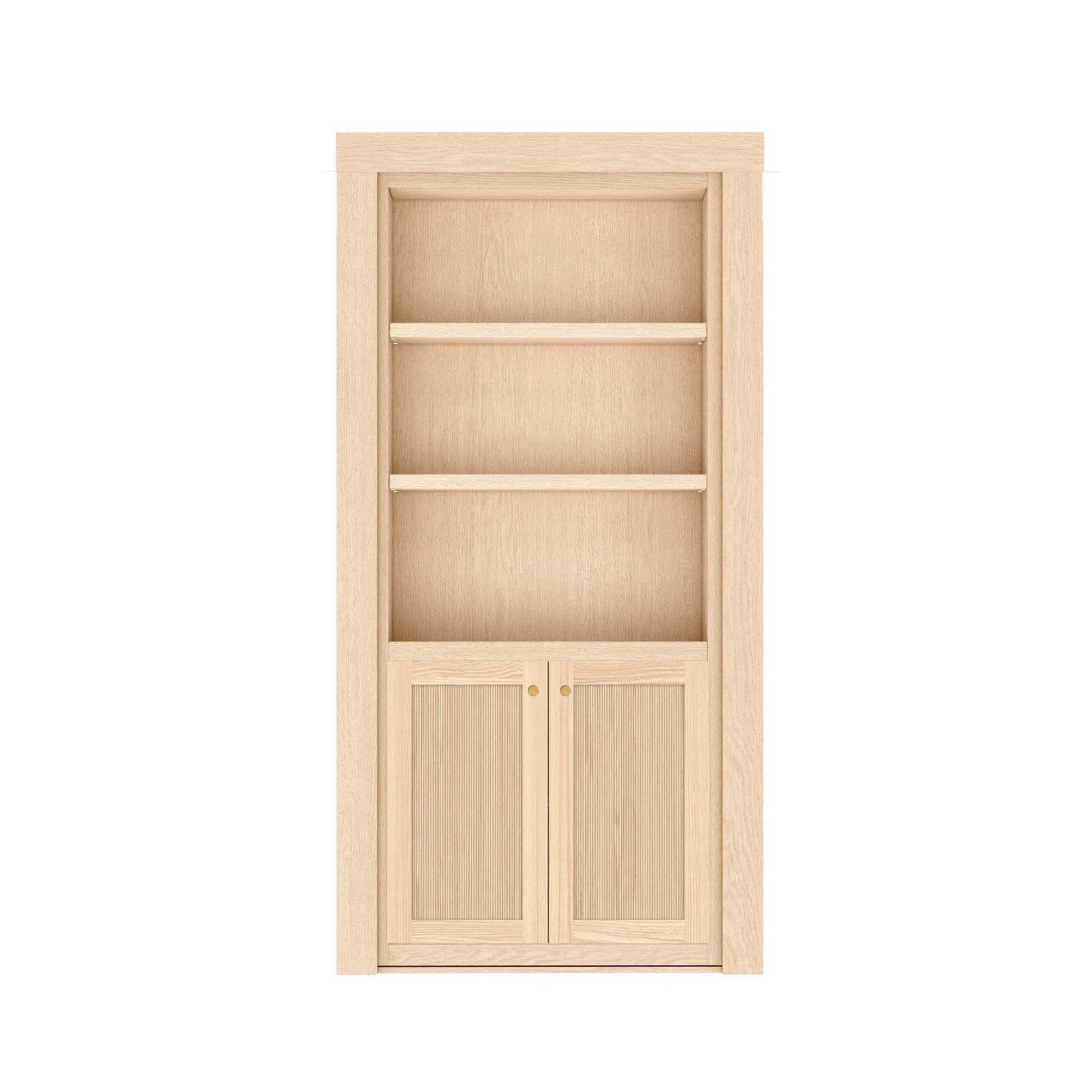 Murphy Door® light oak bookcase with three open shelves and dual cabinet doors with ribbed panels and brass knobs.