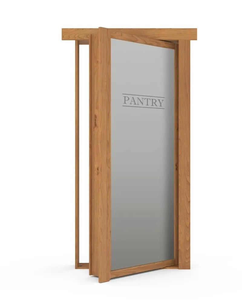 Murphy Door® wooden pantry door with frosted glass panel featuring "PANTRY" etching, shown partially open in natural oak finish.