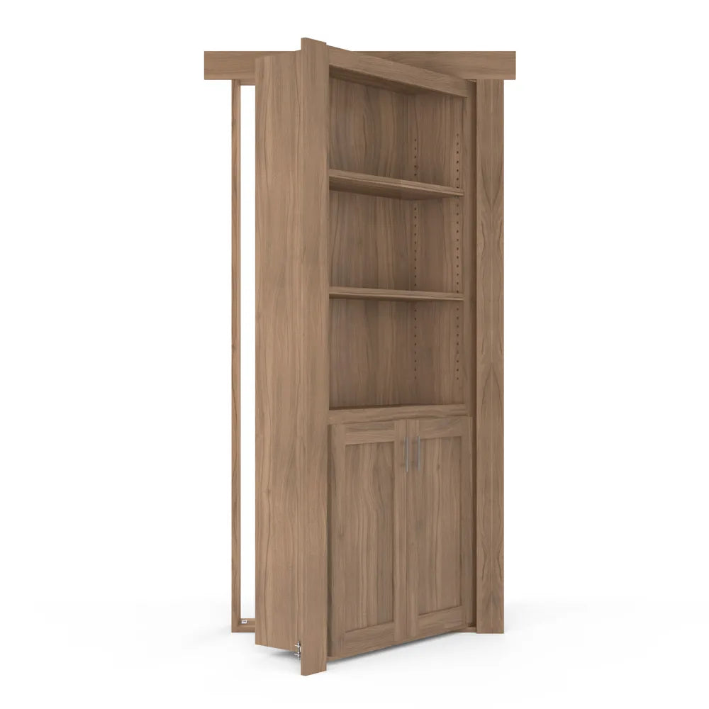 Murphy Door® wooden bookcase hidden door in light oak finish with three open shelves and cabinet storage below.