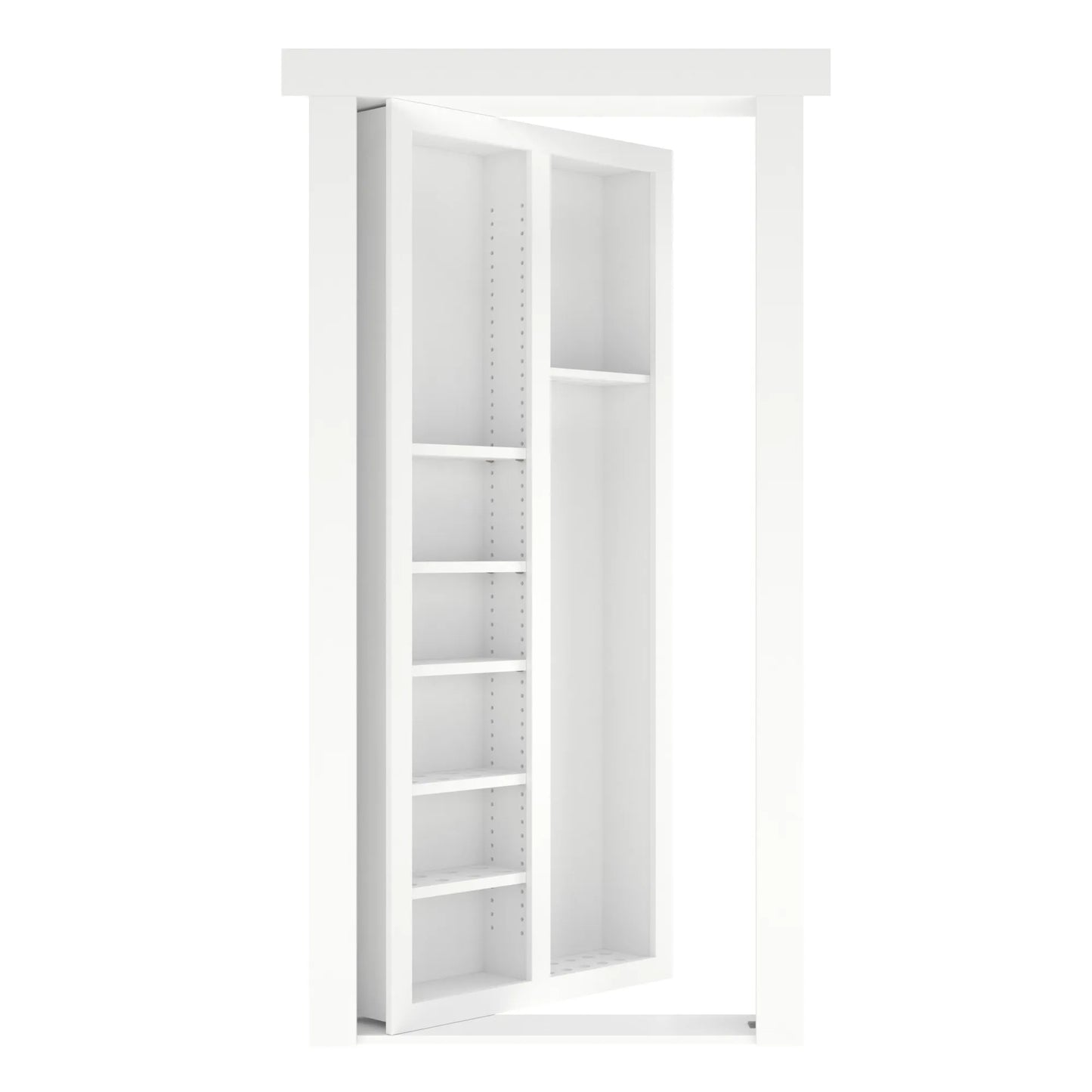 Murphy Door® white bookshelf concealing a hidden door, featuring multiple adjustable shelves and clean minimalist design.