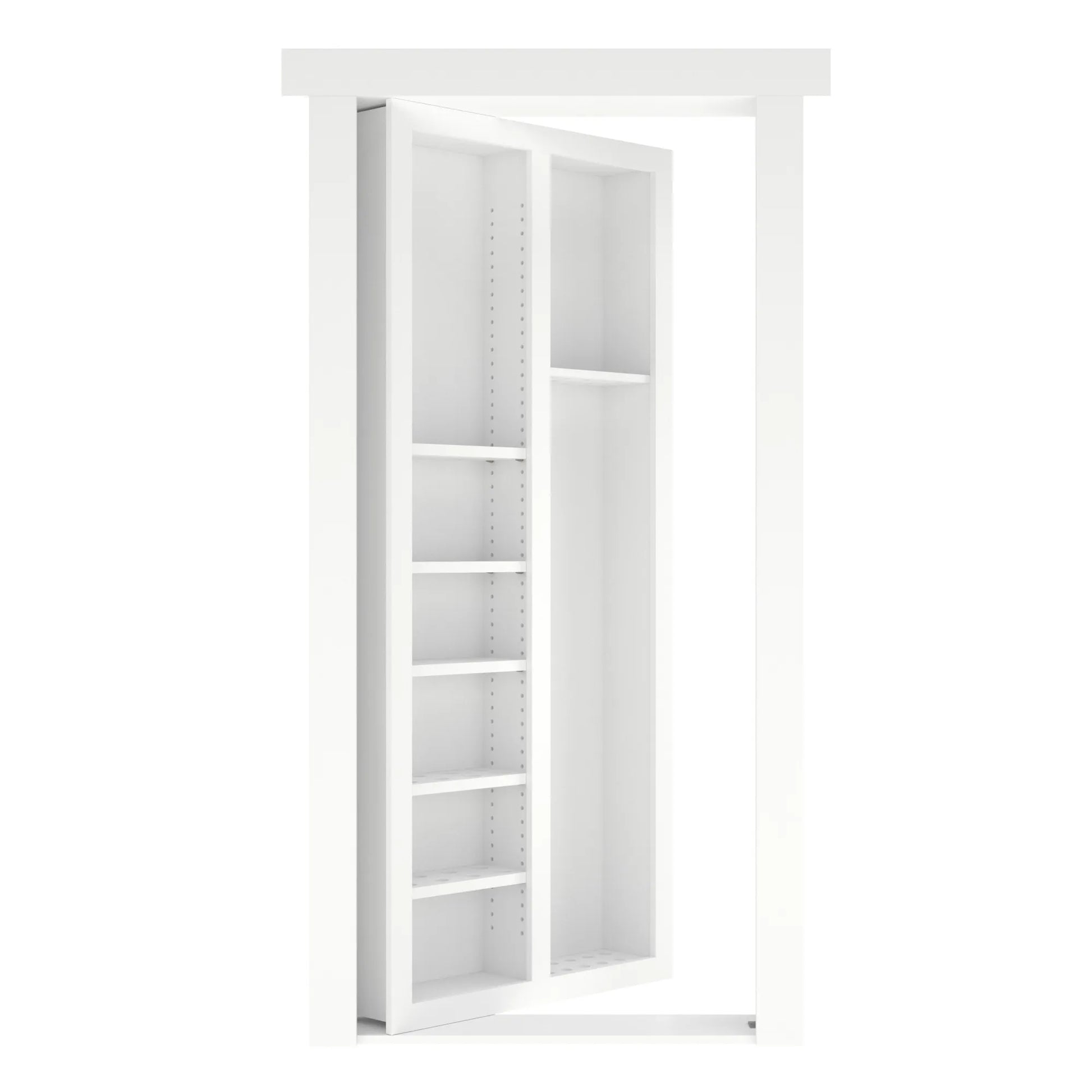 Murphy Door® white bookshelf concealing a hidden door, featuring multiple adjustable shelves and clean minimalist design.
