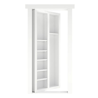 Murphy Door® white bookshelf concealing a hidden door, featuring multiple adjustable shelves and clean minimalist design.