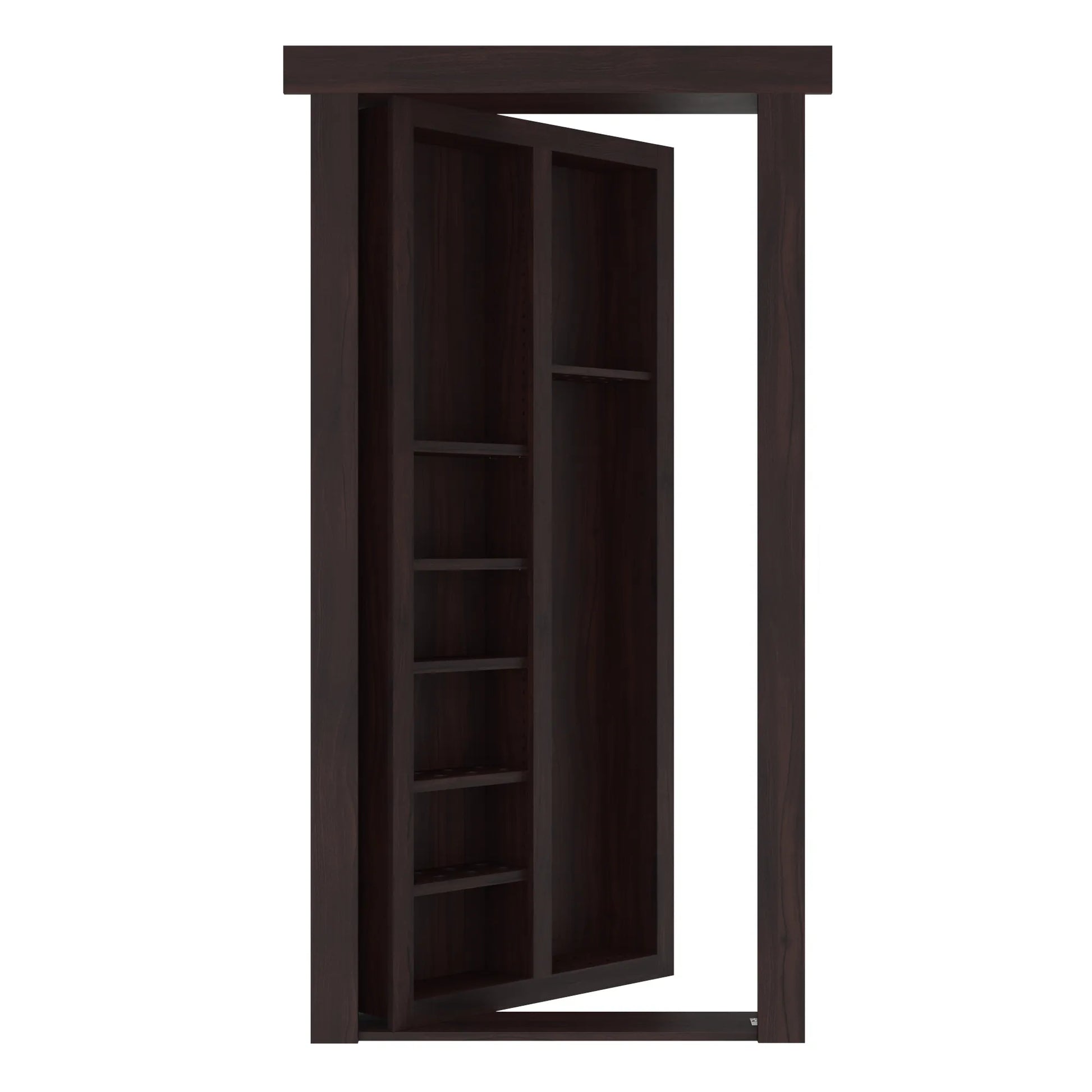 Murphy Door® bookshelf hidden door in dark wood finish with multiple shelves, shown partially open in doorway frame.