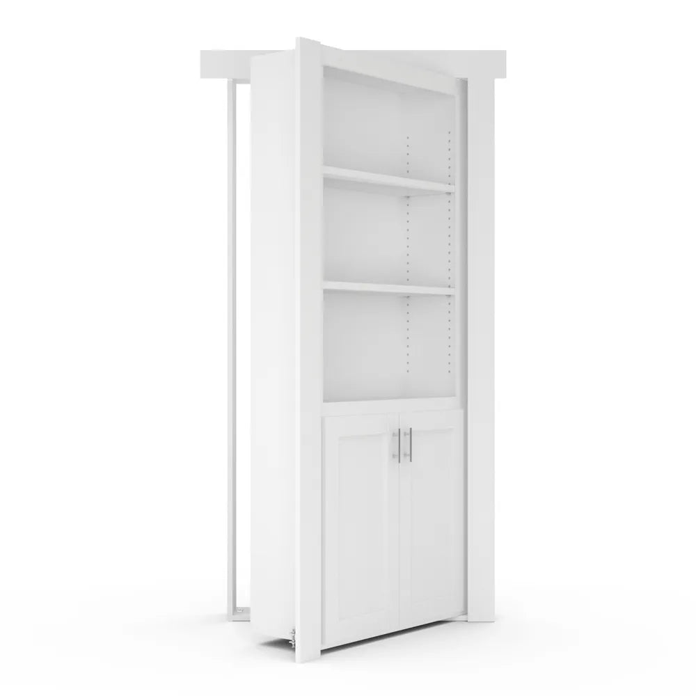 Murphy Door® white hidden bookcase door with three adjustable shelves and cabinet storage, shown partially open.