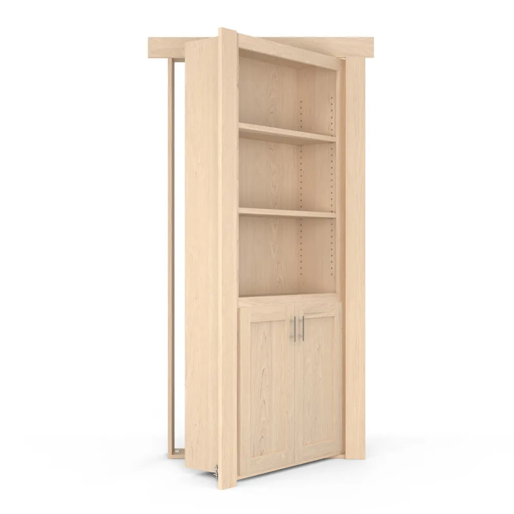 Murphy Door® concealed bookcase in light wood with three adjustable shelves and bottom cabinet, shown partially open.