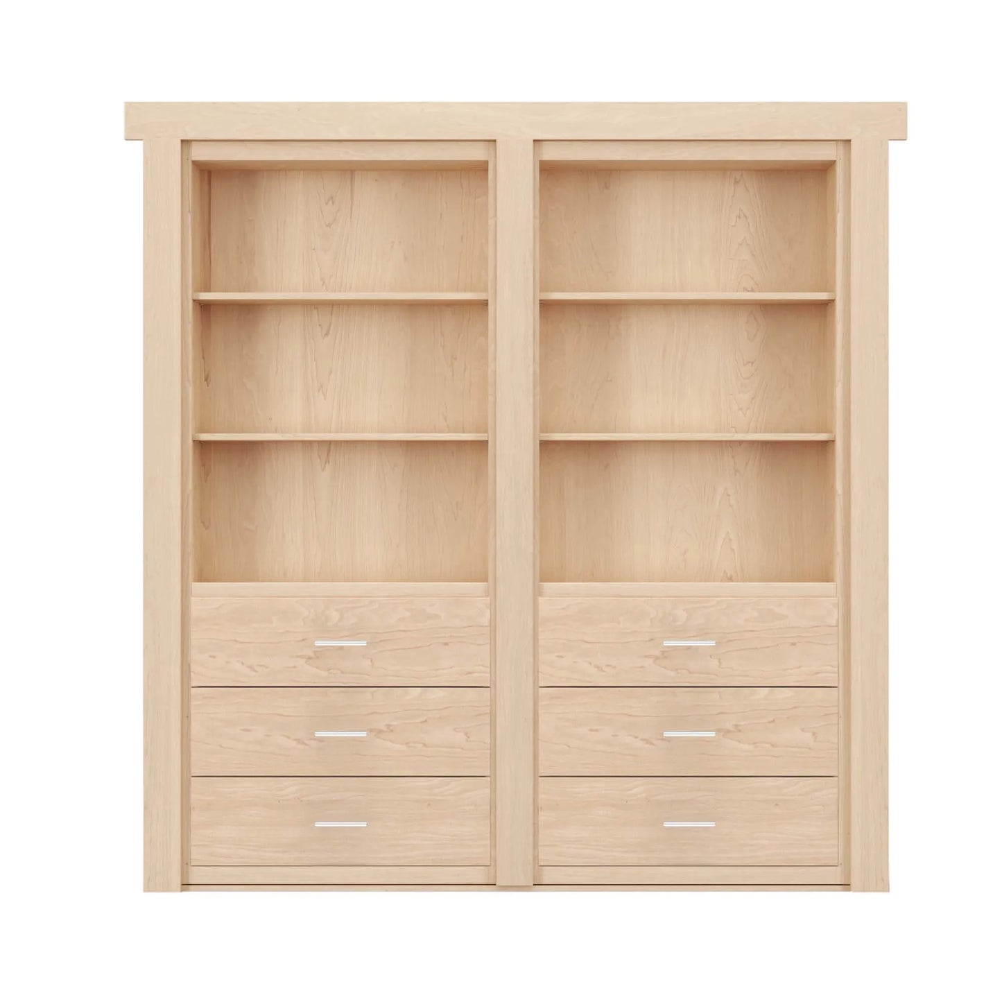 Murphy Door® light maple bookcase with six shelves and six drawers, featuring clean lines and modern hardware.