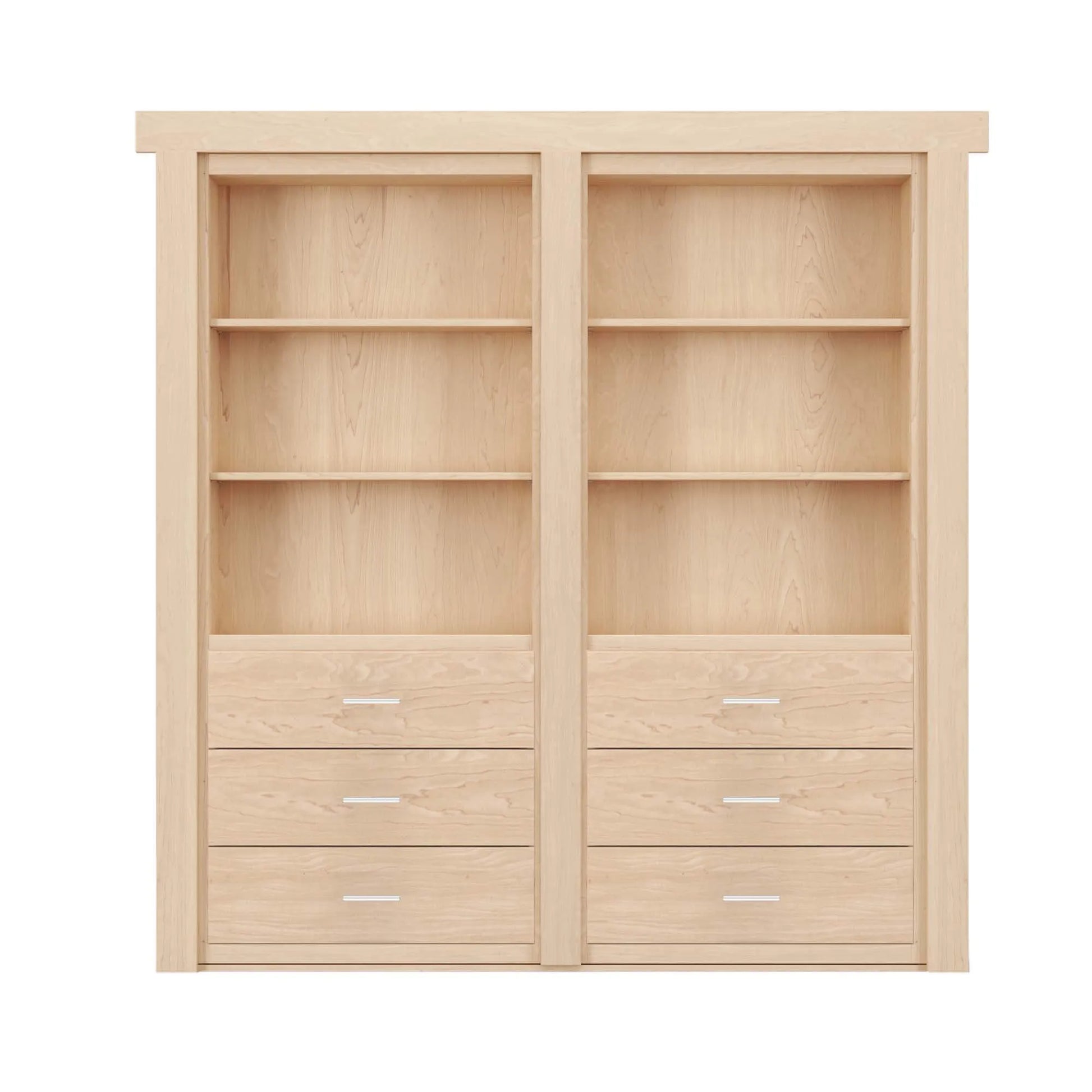 Murphy Door® light maple bookcase with six shelves and six drawers, featuring clean lines and modern hardware.