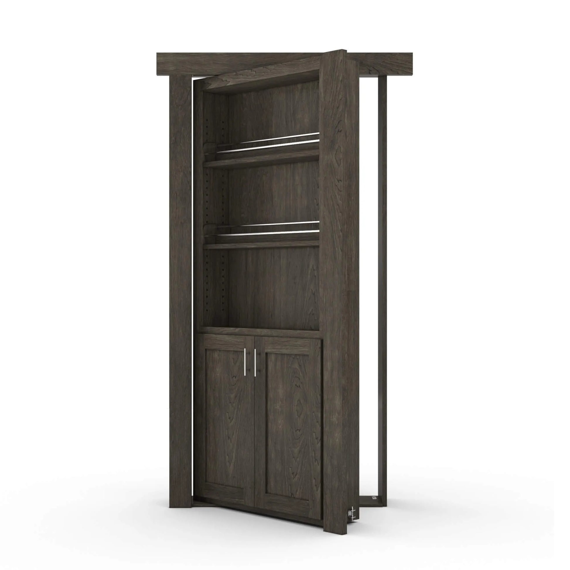 Murphy Door® bookcase hidden door in dark wood finish with adjustable shelves and cabinet storage, shown partially open.