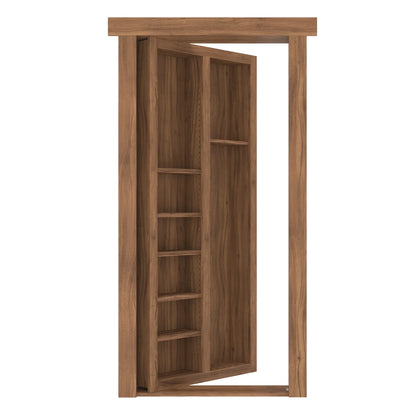 Murphy Door® wooden bookcase hidden door in walnut finish featuring built-in shelving and concealed room entry design.