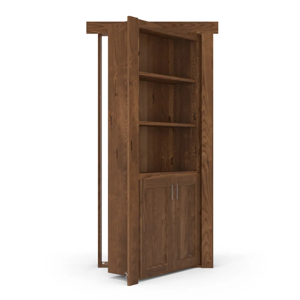 Murphy Door® wooden bookcase hidden door in walnut finish with three open shelves and double cabinet storage below.