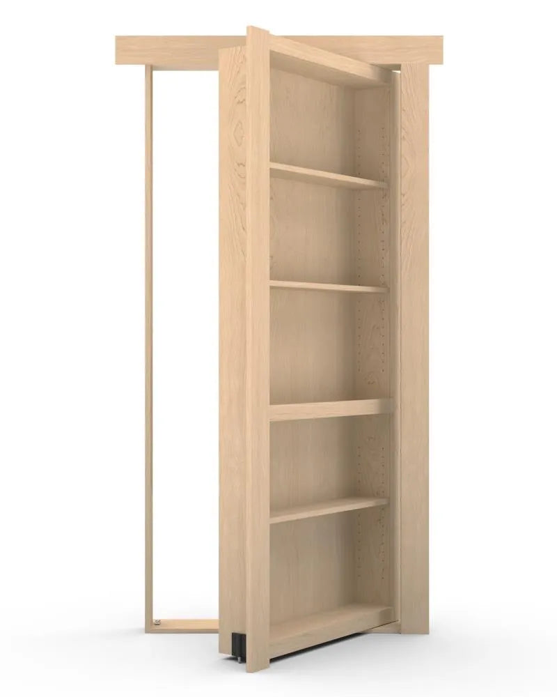 Murphy Door® light wood bookshelf hidden door, partially open to reveal adjustable shelving with clean modern design.