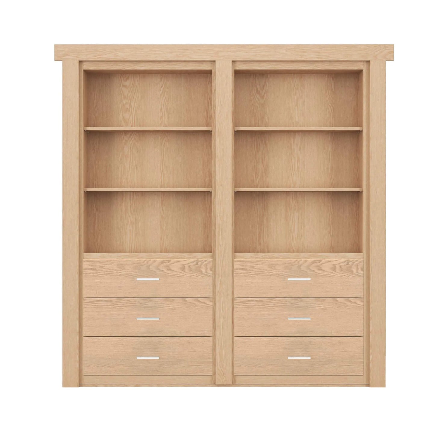 Murphy Door® light oak bookcase with six shelves and six drawers featuring sleek metal handles, designed as a hidden door solution.