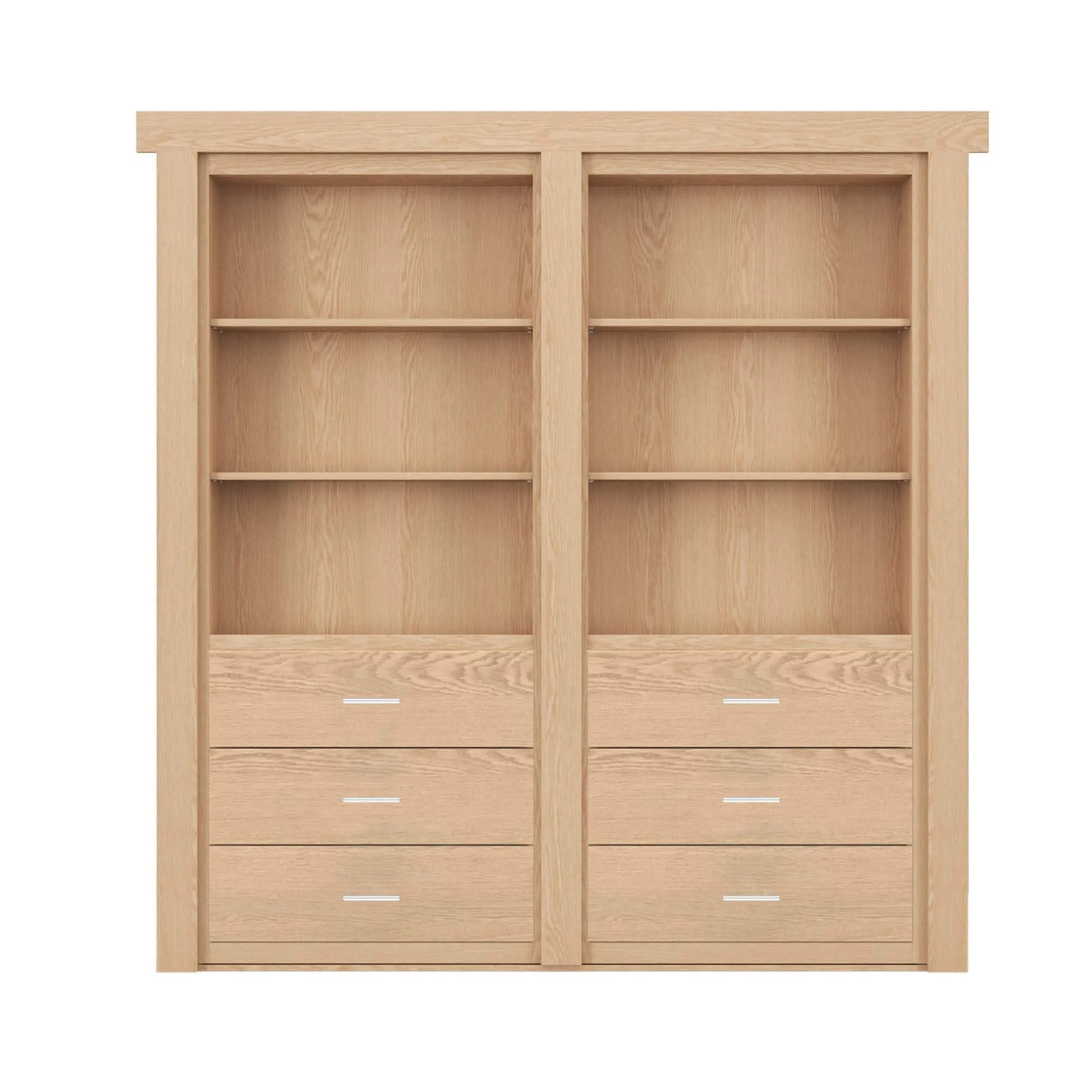 Murphy Door® light oak bookcase with six shelves and six drawers featuring sleek metal handles, designed as a hidden door solution.