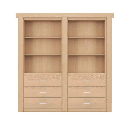 Murphy Door® light oak bookcase with six shelves and six drawers featuring sleek metal handles, designed as a hidden door solution.