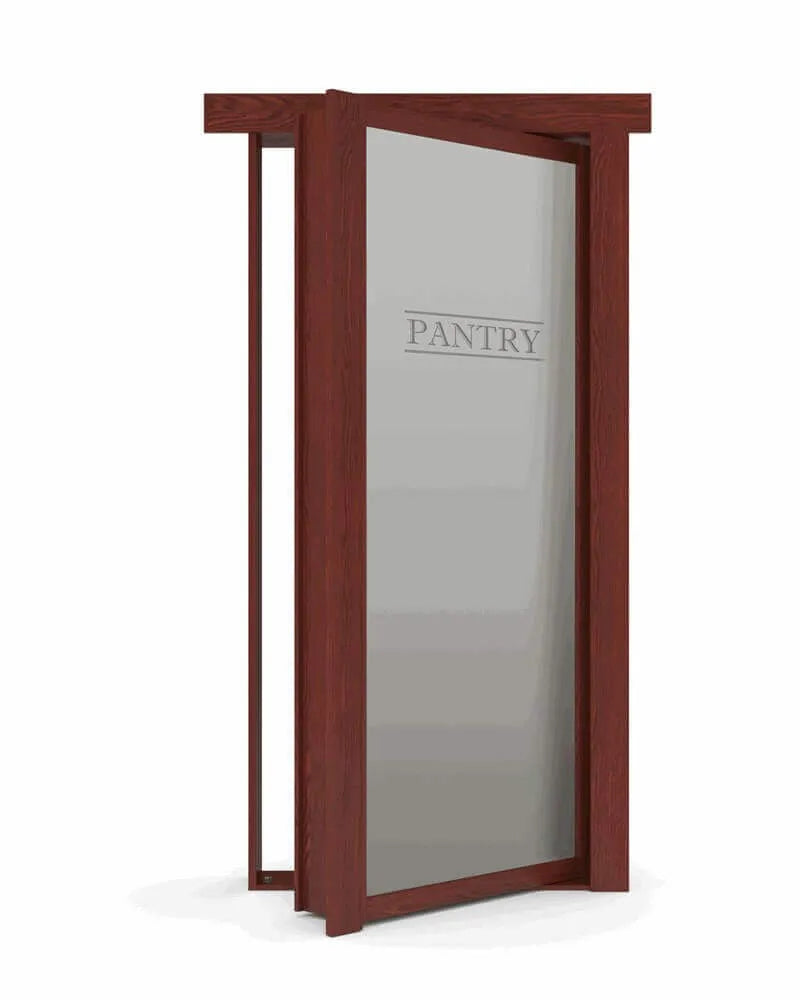 Murphy Door® pantry door with rich cherry wood frame and frosted glass panel etched with "PANTRY" text.