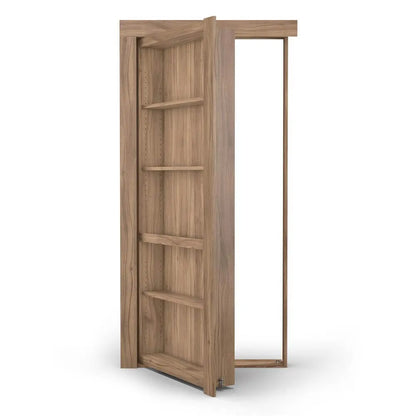 Murphy Door® wooden bookcase hidden door in light oak finish, partially open to reveal shelving and secret entrance.
