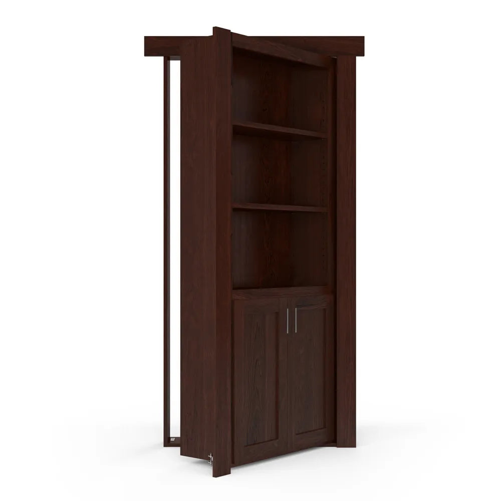 Murphy Door® bookcase hidden door in dark wood with three shelves and cabinet storage, partially opened to reveal passage.