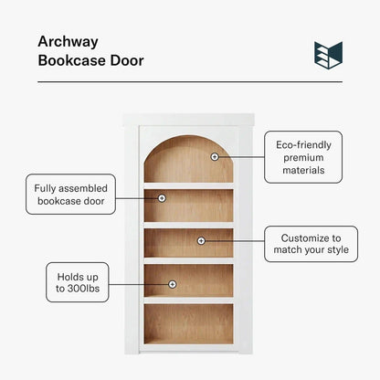 Murphy Door® Archway Bookcase Door: white, arched bookcase door with wood-grain shelves, eco-friendly, holds 300lbs.