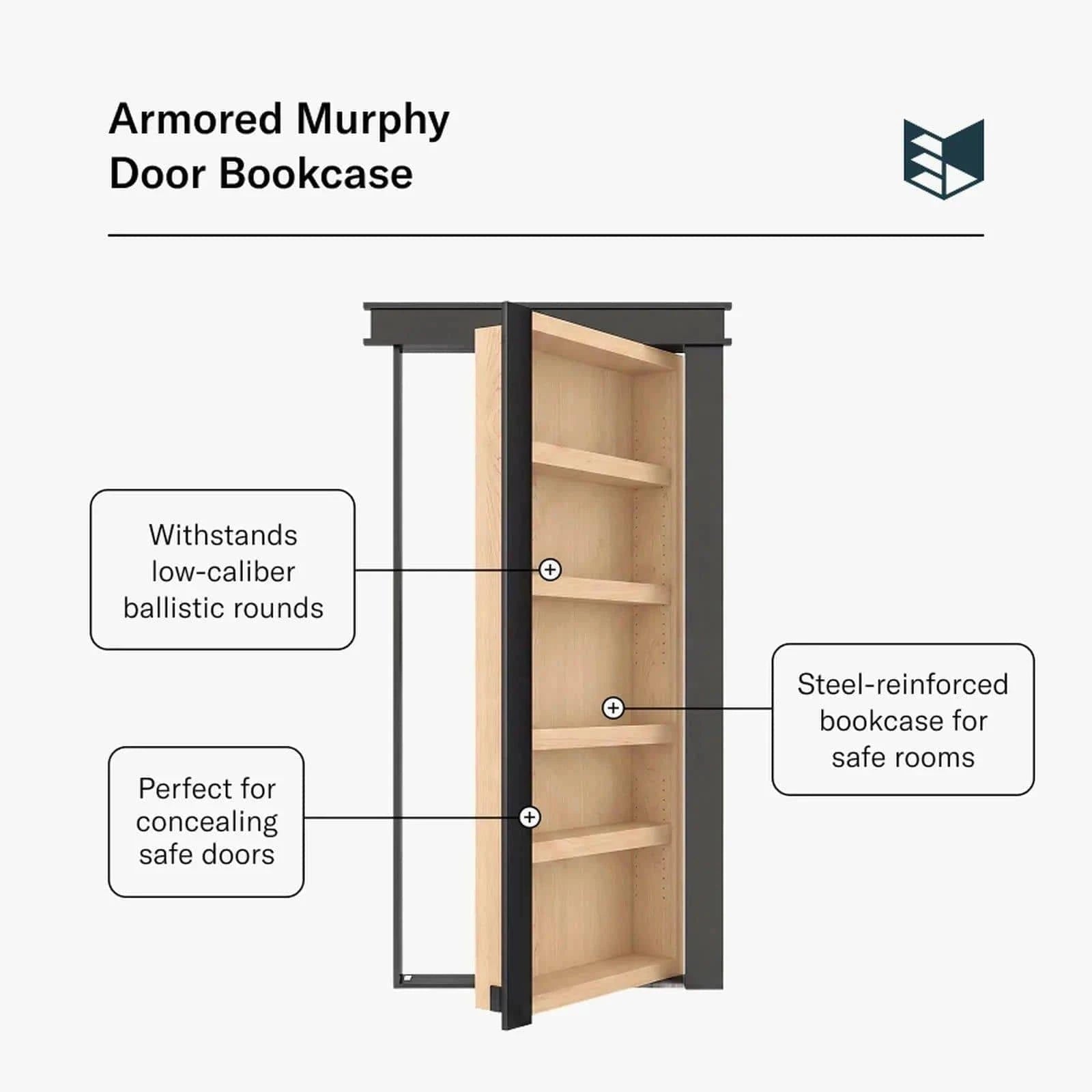 Armored Murphy Door Bookcase by Murphy Door®, a steel-reinforced, flush mount Bookcase Door in wood and black, for security.