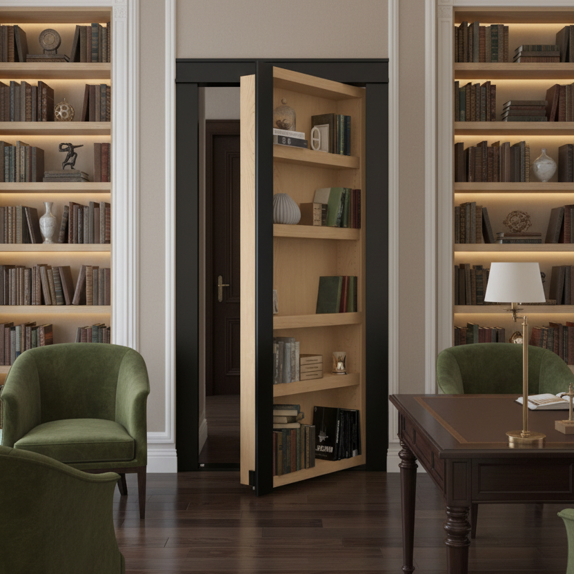 Murphy Door® Armored Murphy Door Bookcase - Extra Strength, an open flush mount bookcase door, classic library.
