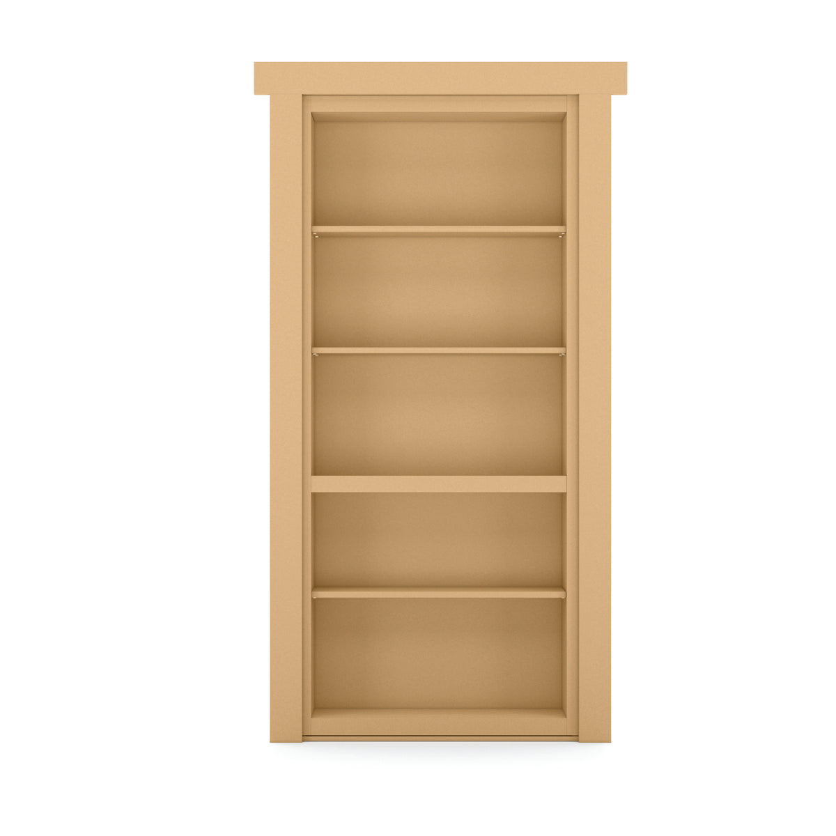 Natural wood Murphy Door® hidden bookshelf with 5 adjustable shelves.
