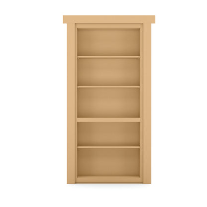 Natural wood Murphy Door® hidden bookshelf with 5 adjustable shelves.