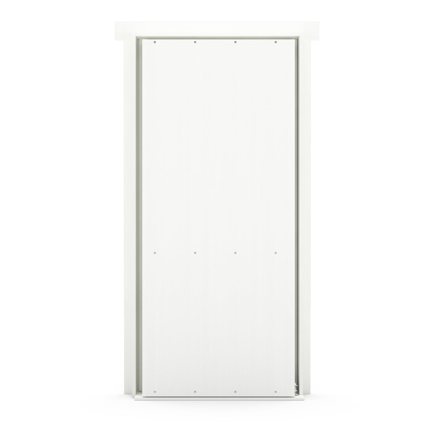 Murphy Door® white flush-mounted hidden door with silver trim and minimal design for seamless wall integration.