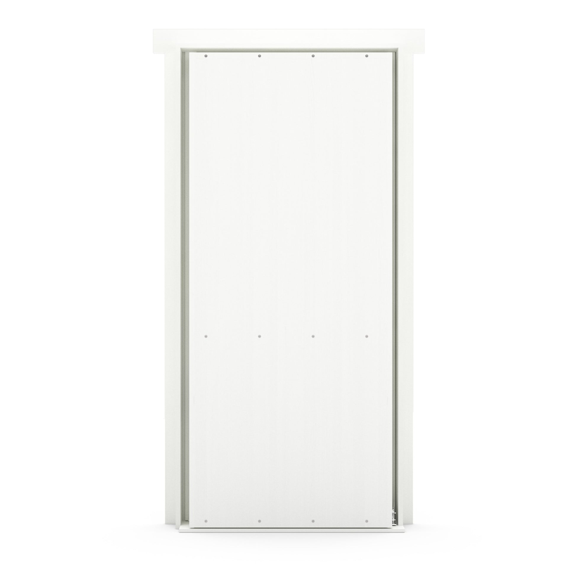 Murphy Door® white flush-mounted hidden door with silver trim and minimal design for seamless wall integration.