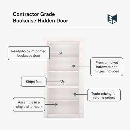Murphy Door® Contractor Grade Bookcase Hidden Door. White, ready-to-paint DIY bookcase door with included pivot hardware, ships fast.