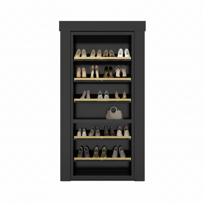 Murphy Door® black shoe storage cabinet with gold shelving displaying multiple pairs of shoes and a designer handbag.