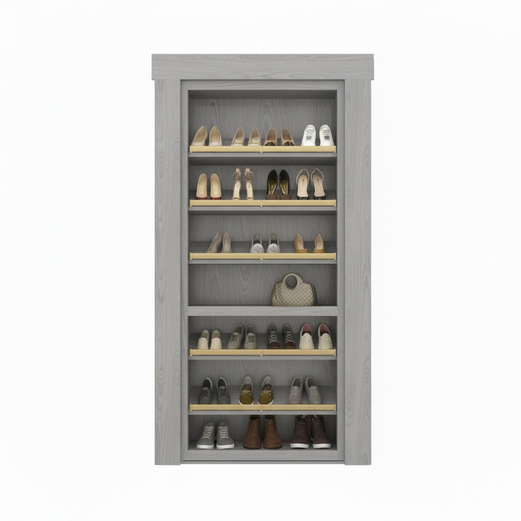 Gray Murphy Door® shoe storage cabinet with wooden shelves displaying women's heels, casual shoes and a designer handbag.