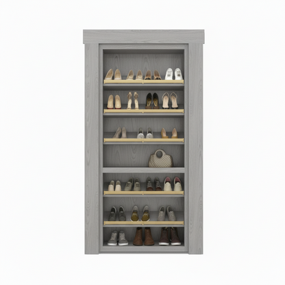 Gray Murphy Door® shoe storage cabinet with wooden shelves displaying women's heels, casual shoes and a designer handbag.