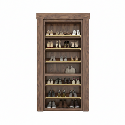 Murphy Door® wooden shoe organizer in walnut finish with 7 shelves displaying women's heels, sneakers, and a designer handbag.