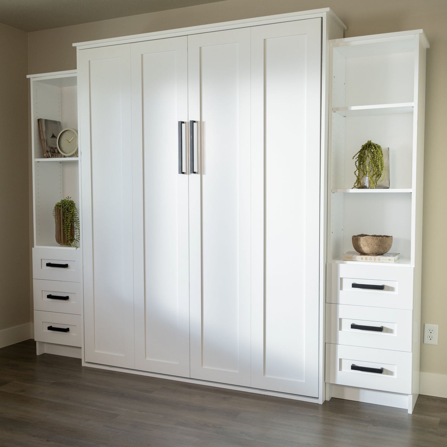 Murphy Door® vertical white Murphy Bed - Left & Right Side Cabinets (Unassembled) with open shelves & drawers.
