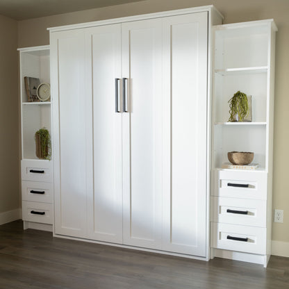 Murphy Door® vertical white Murphy Bed - Left & Right Side Cabinets (Unassembled) with open shelves & drawers.
