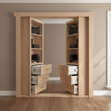 Murphy Door® Dresser French Door: light wood bookcase doors with books, open drawers, a hidden French Door.