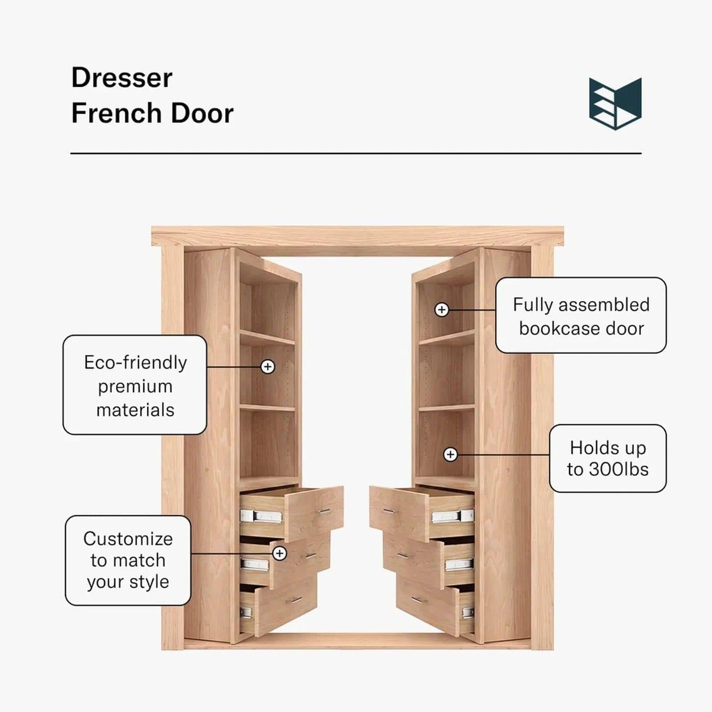 Murphy Door® Dresser French Door: light wood hidden doors with adjustable shelves, functional drawers. Eco-friendly, customizable, holds 300lbs.