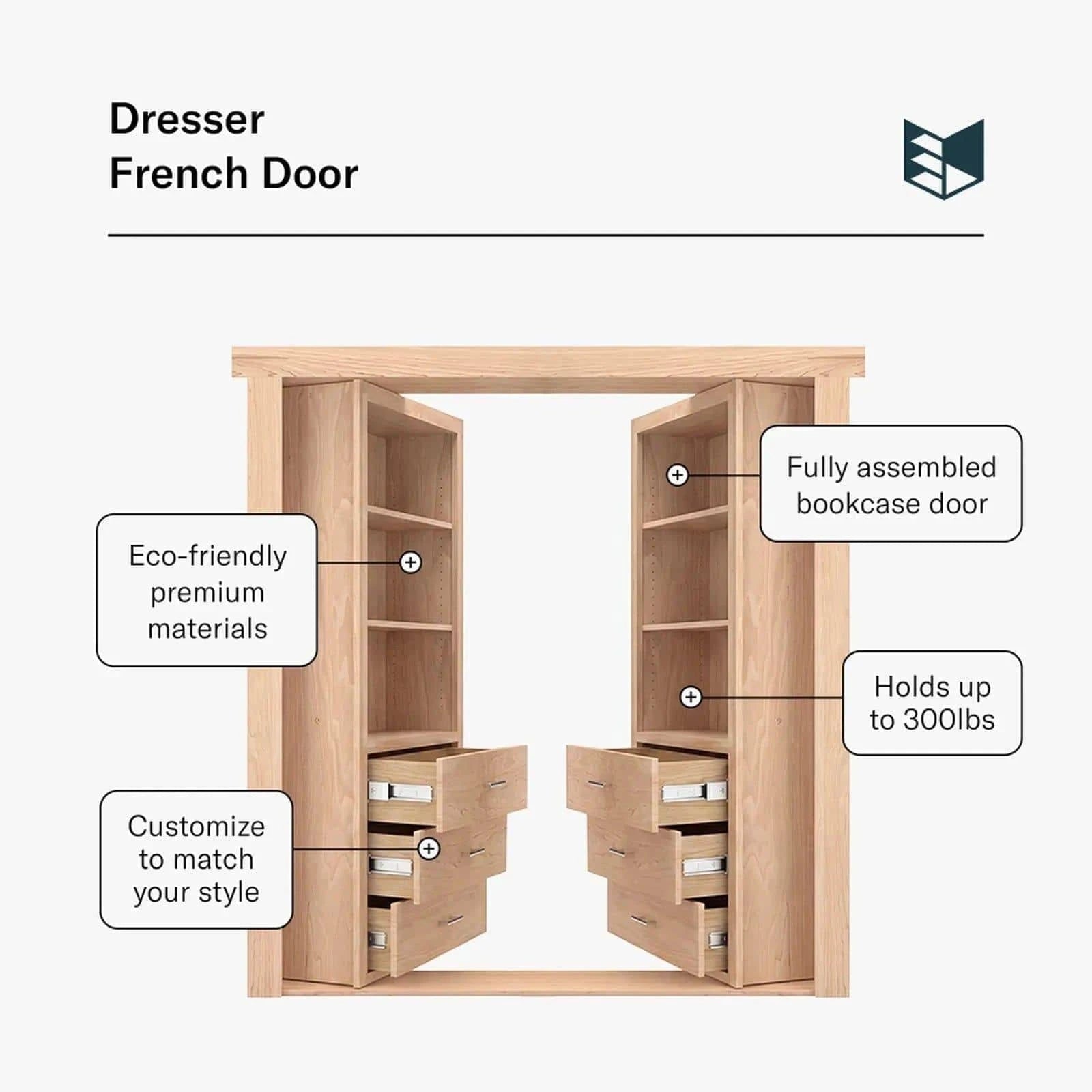 Murphy Door® Dresser French Door: light wood hidden doors with adjustable shelves, functional drawers. Eco-friendly, customizable, holds 300lbs.