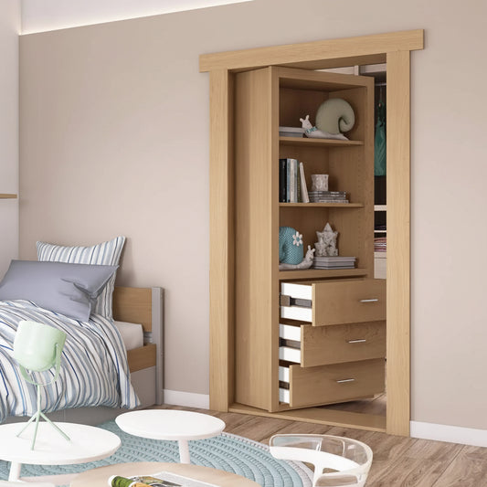 Murphy Door® wooden bookcase hidden door in a child's bedroom with whimsical mural, showing built-in shelves and drawers.