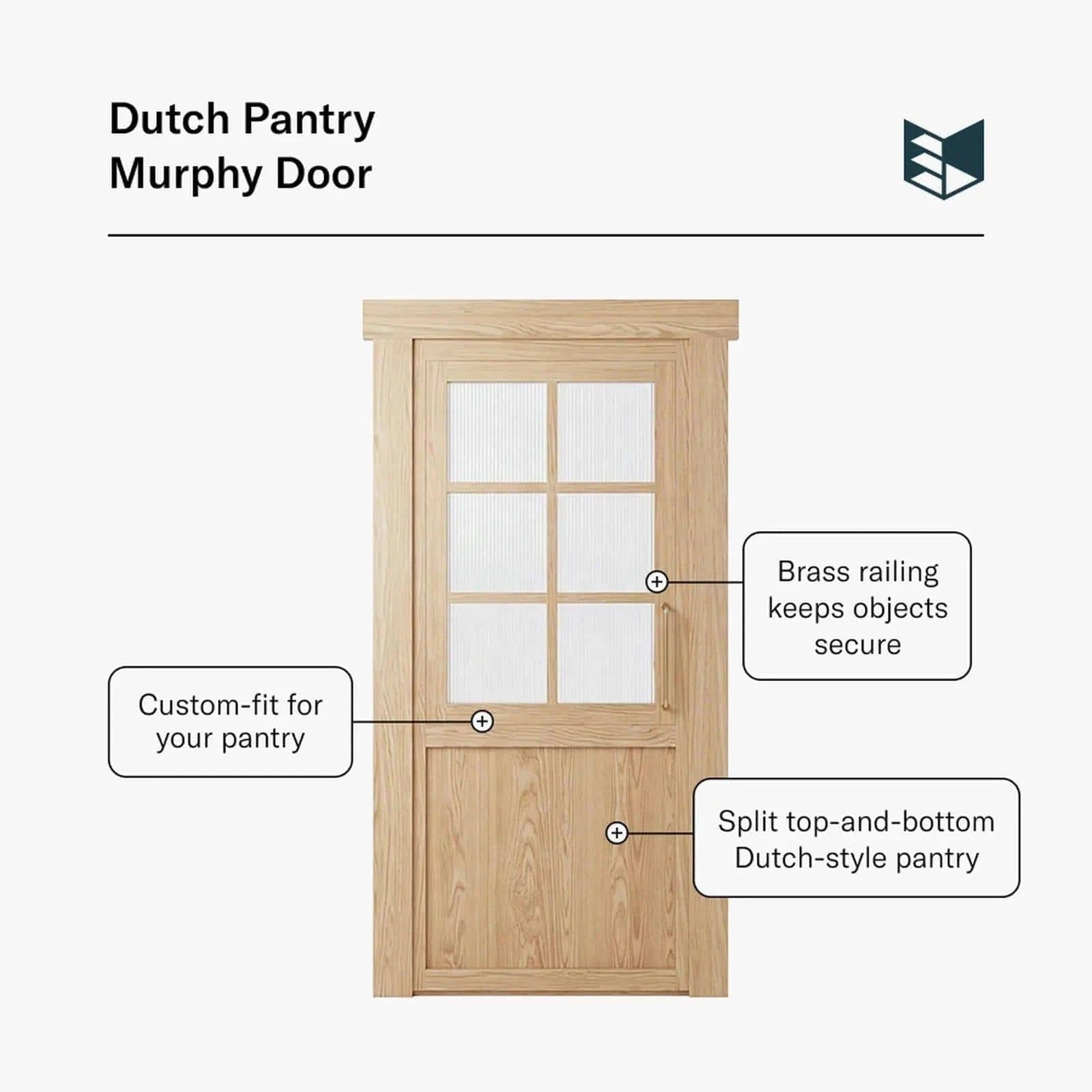 Murphy Door® Dutch Pantry Door, light oak, split top/bottom with reeded glass and brass railing. Great for beverages.