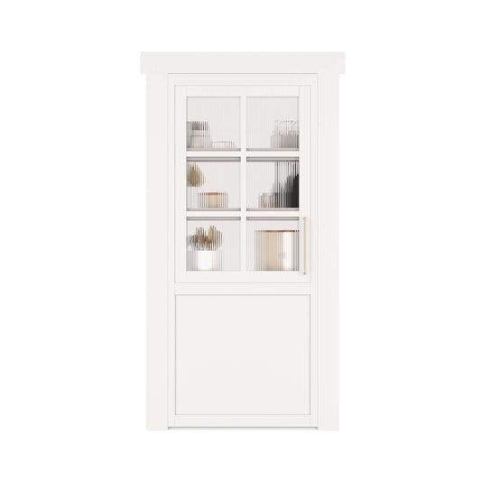 Murphy Door® white cabinet door with fluted glass panels, showcasing elegant storage with a gold handle and minimalist design.