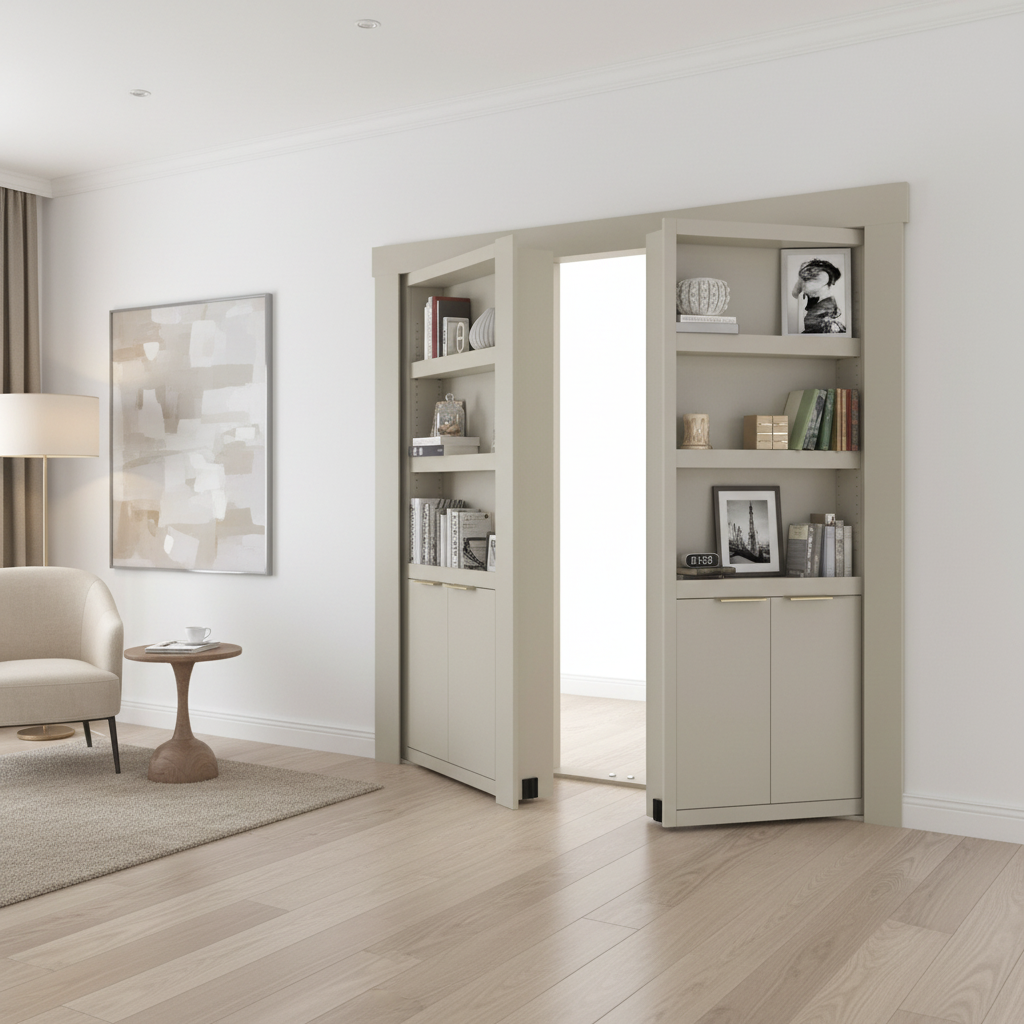 Murphy Door® EcoCrafted French Murphy Door Bookcase, a pair of open greige French Bookcase Doors revealing a hidden passage.