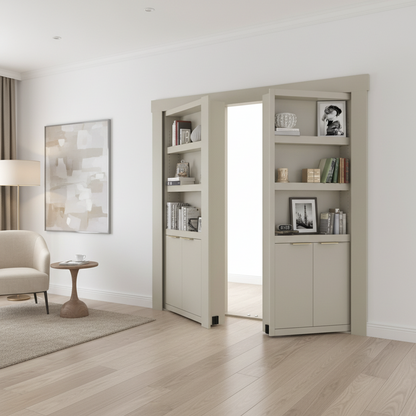 Murphy Door® EcoCrafted French Murphy Door Bookcase, a pair of open greige French Bookcase Doors revealing a hidden passage.