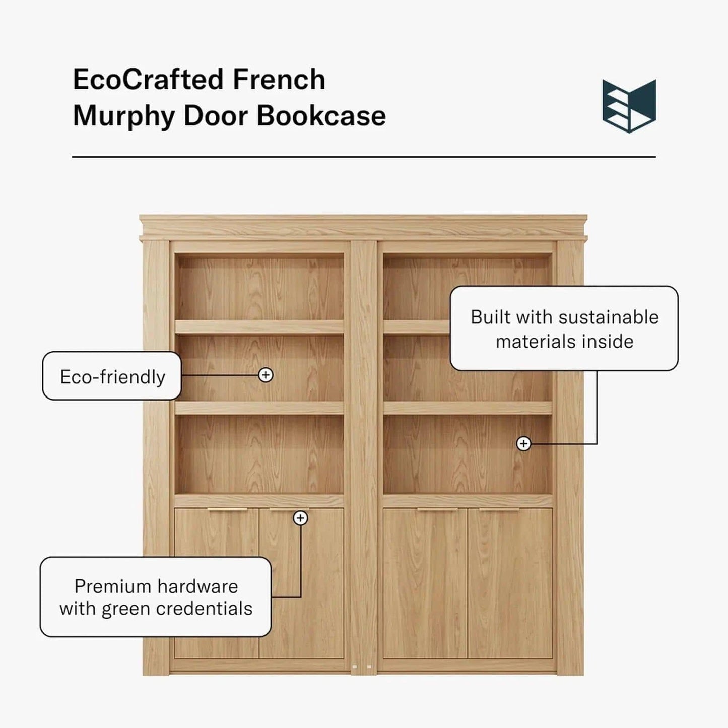 Murphy Door® EcoCrafted French Murphy Door Bookcase (IBS24). Light wood, eco-friendly French Bookcase Doors with shelves.
