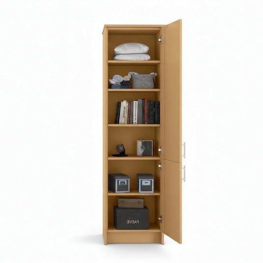 Murphy Door® Right Vertical Bed Cabinet: light wood, vertical, with open shelves holding pillows, books, decor, and partially open doors.