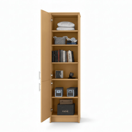 Murphy Door® Left Vertical Bed Cabinet, a light-wood storage unit with shelves for linens, books, & decor.