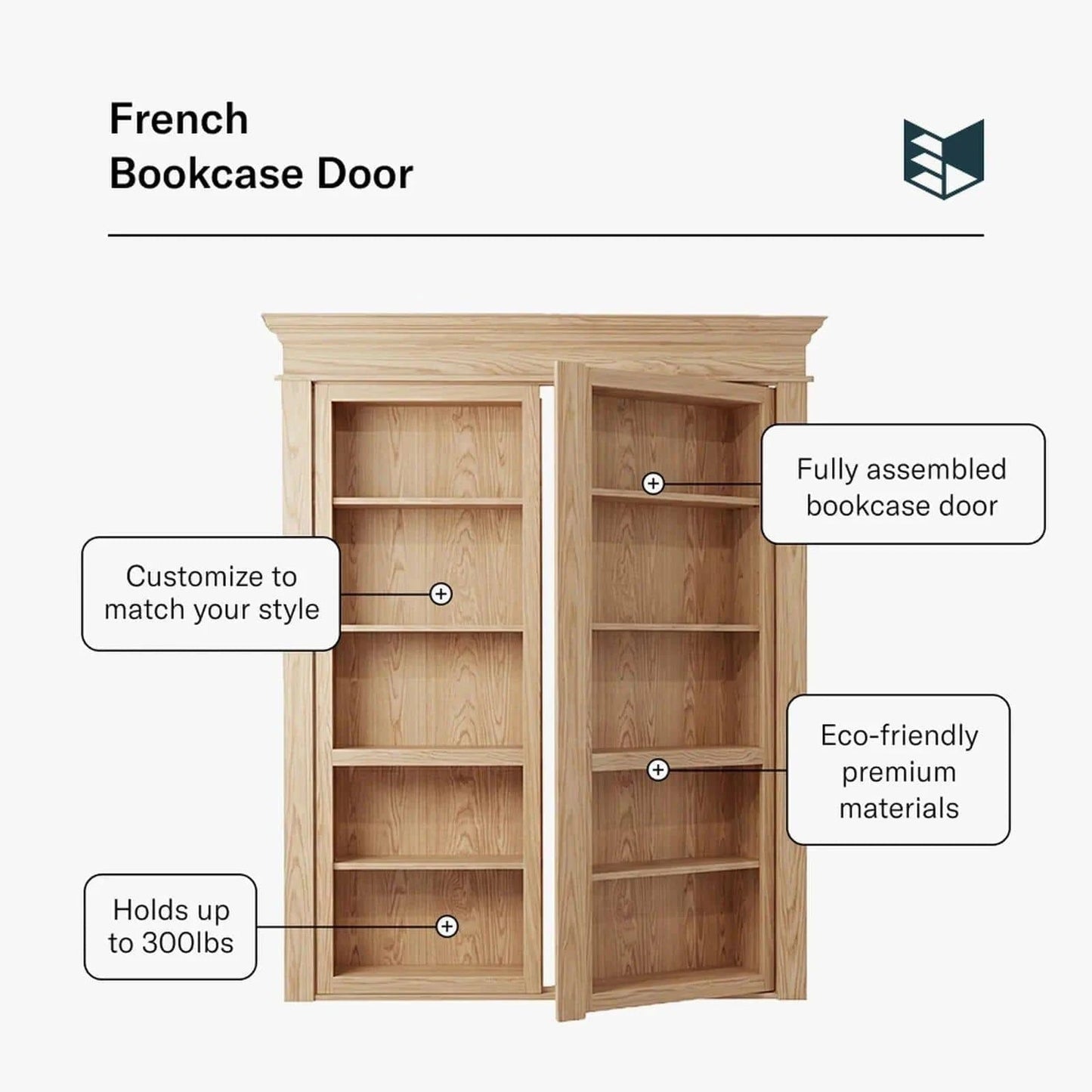 Murphy Door® natural wood Bookcase French Door. Fully assembled, eco-friendly, holds 300lbs, customizable.