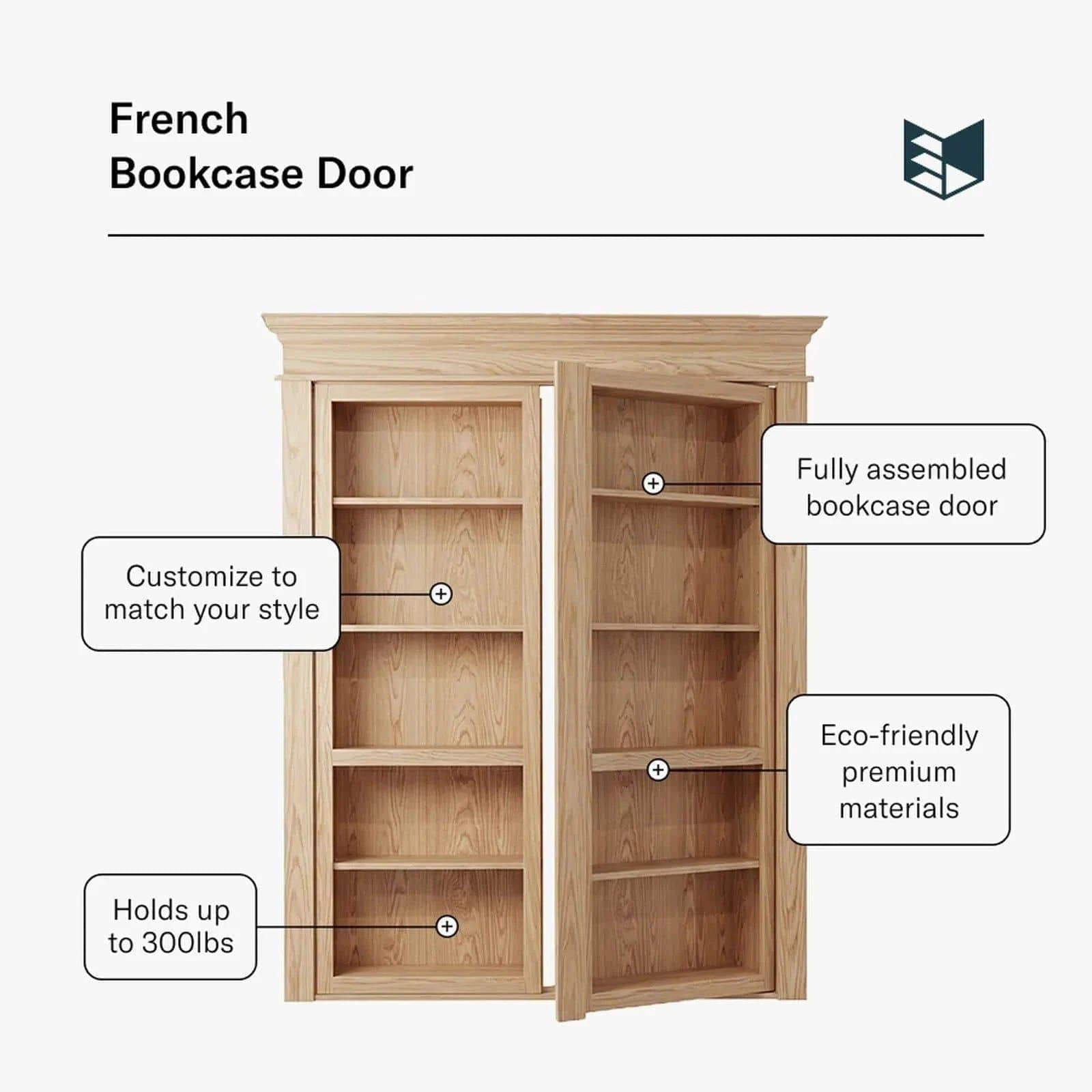 Murphy Door® natural wood Bookcase French Door. Fully assembled, eco-friendly, holds 300lbs, customizable.