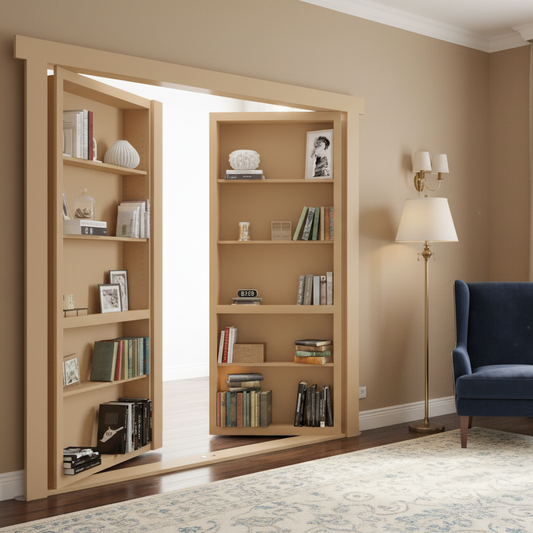 Murphy Door® Unassembled French Bookcase Door: DIY, flush mount light wood double bookcase doors, open.